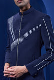 Navy blue jacket detailing with appliqué work and zipper