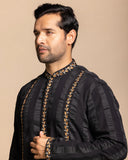 Black Textured Embroidered Kurta Set
