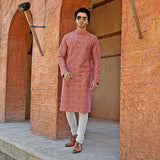 Schuass pink time travel space embroidered Kurta.