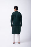 BOTTLE GREEN CURVE PLACKET KURTA SET WITH BOTTLE GREEN CONTRAST FLORAL EMB BUNDI