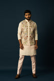 FAWN KURTA & MULTICOLOUR NEHRU SET