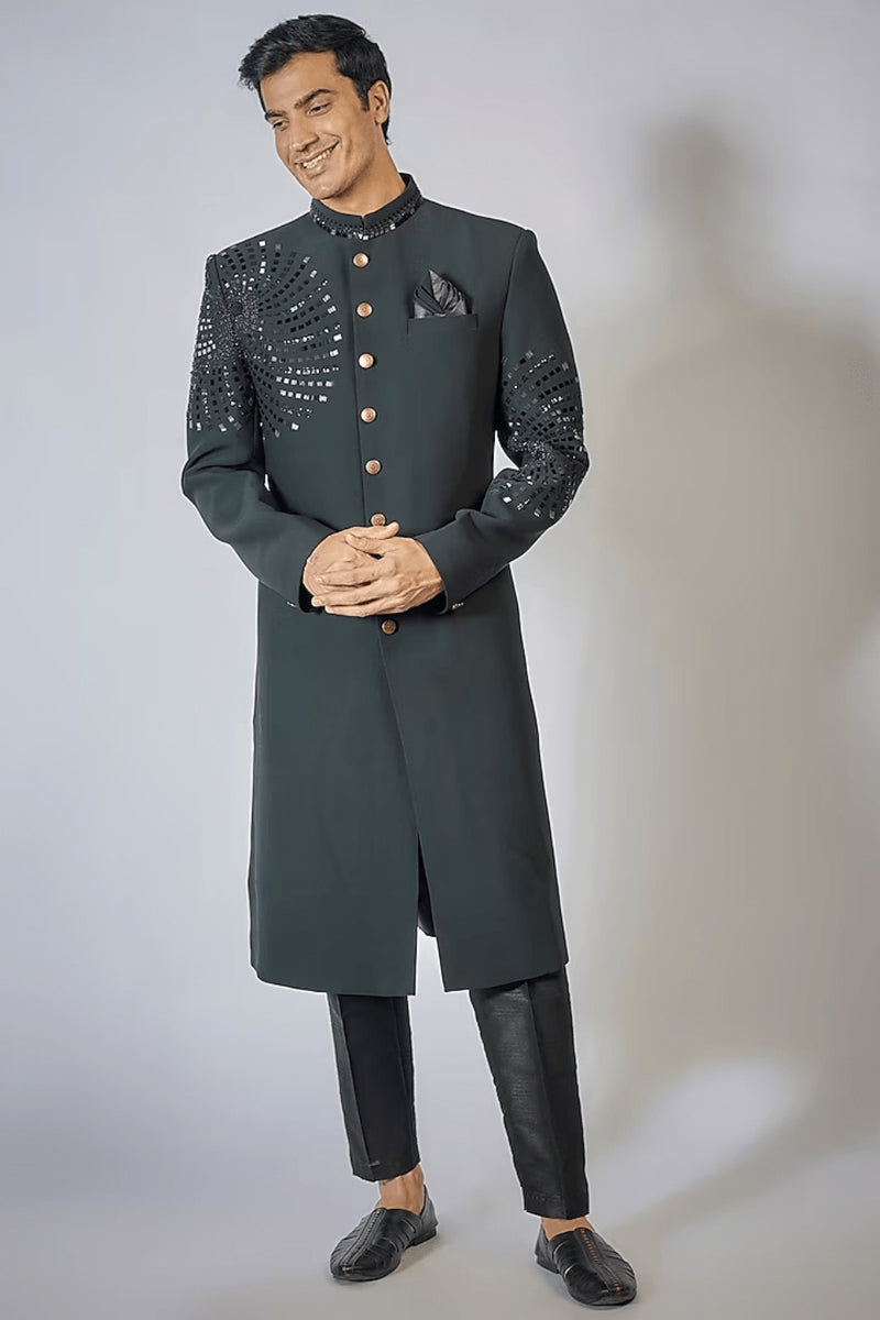 BOTTLE GREEN EMBROIDERED ACHKAN SET