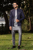 Midnight blue bandhgala with abstract pintuck lines