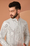 White mirror work kurta with hand embroidered neck-line