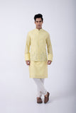 YELLOW SLEEVE EMB KURTA SET WITH YELLOW-WHITE SLEEVE EMB BUNDI