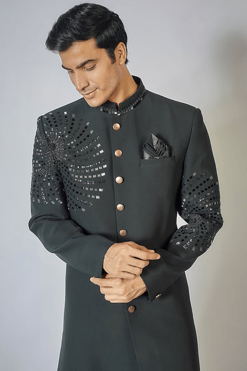 BOTTLE GREEN EMBROIDERED ACHKAN SET