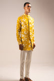 Yellow White Rose Side Slit Kurta Pajama Set