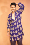 Purple Colour Embroidered Stripe Kurta With Stripe Jogger Pants