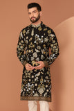 Black flora-fauna embroidered kurta