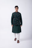 BOTTLE GREEN CURVE PLACKET KURTA SET WITH BOTTLE GREEN CONTRAST FLORAL EMB BUNDI