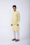 YELLOW SLEEVE EMB KURTA SET WITH YELLOW-WHITE SLEEVE EMB BUNDI