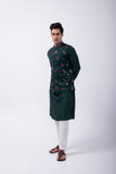 BOTTLE GREEN CURVE PLACKET KURTA SET WITH BOTTLE GREEN CONTRAST FLORAL EMB BUNDI