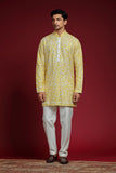 Ivory Silk Base Kurta with Lemon Yellow Aari work Kurta