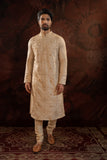 Beige silk embroidered Kurta set with French knots