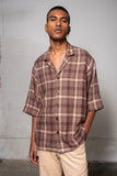 Brown Checked Camp Collar Half Sleeve Shirt