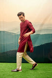 Burgundy Overlap Kurta Set with cream vertical line