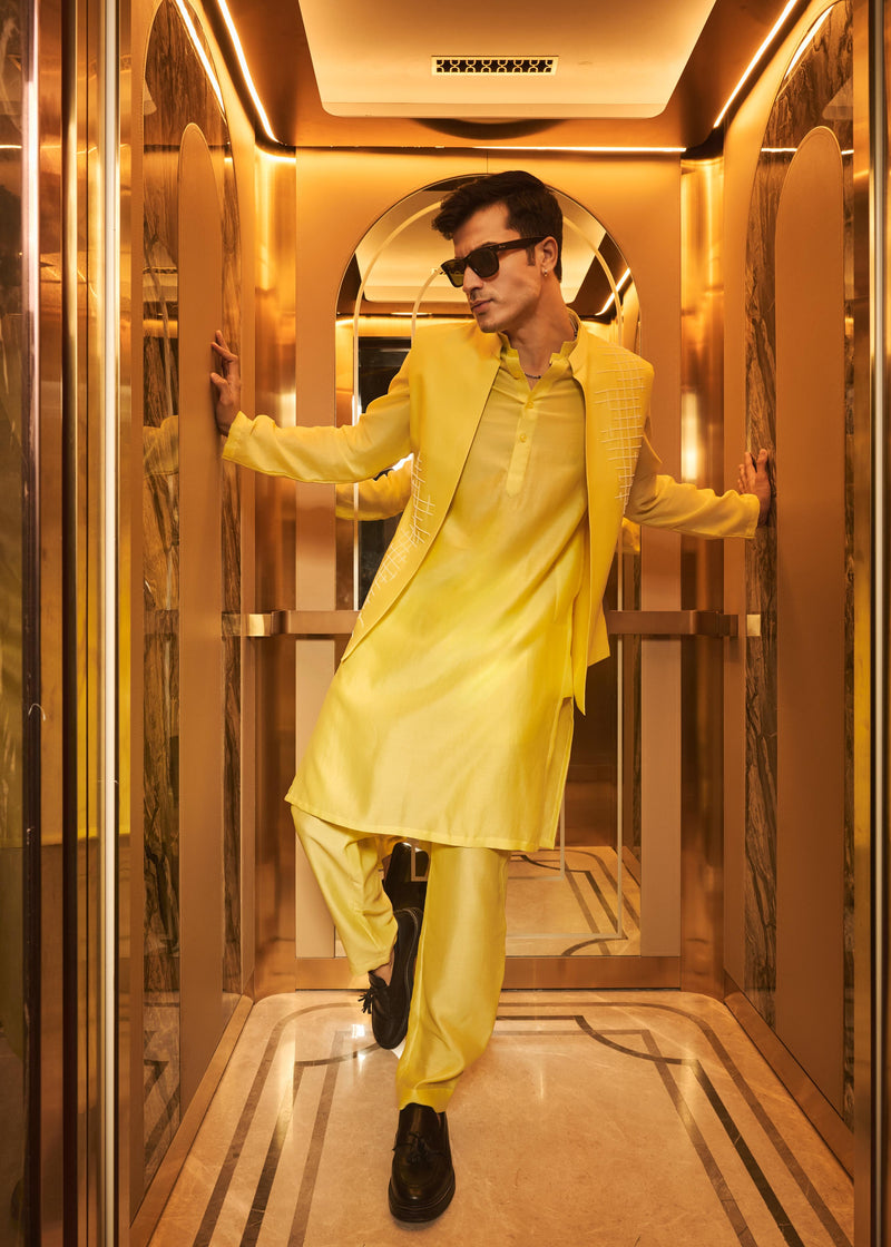 Pastel yellow bundi kurta pant set