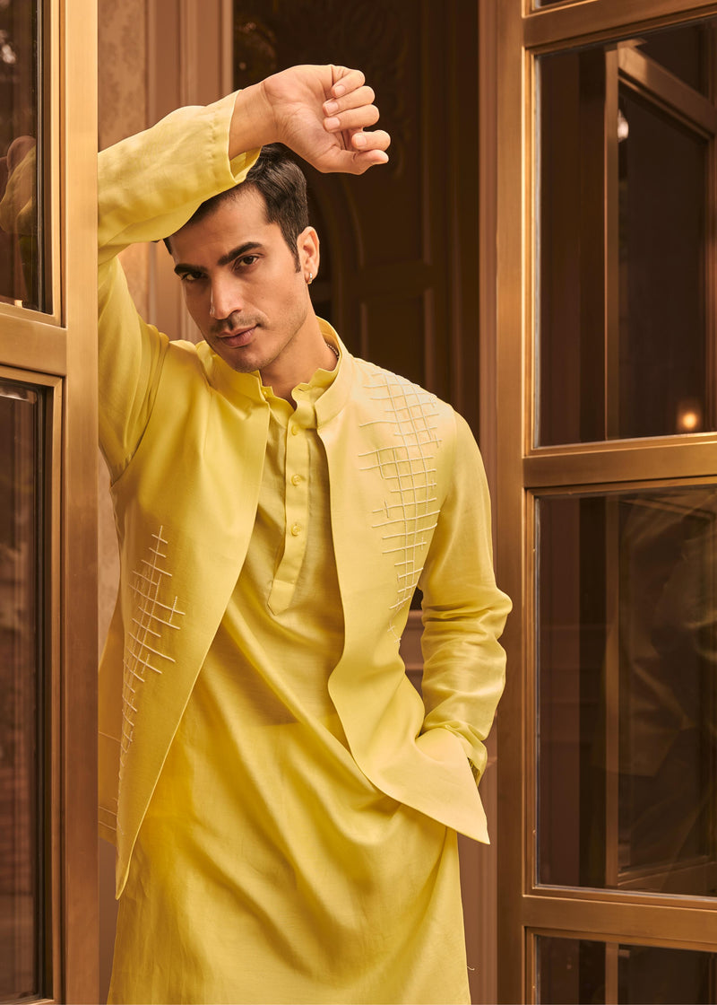 Pastel yellow bundi kurta pant set