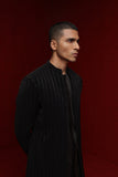 Black open style indowestern with embroidered vertical lines paired with emb yoke kurta and fitted pants