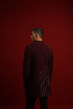 Burgundy indowestern with detail on one side and both sleeves paired with  fitted pants