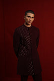 Burgundy indowestern with detail on one side and both sleeves paired with  fitted pants
