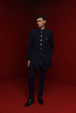 Navy blue indowestern with leaf motif and tisa buttons paired with tonal  fitted pants