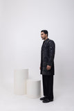 METALLIC MIDNIGHT INDOWESTERN OPEN JACKET WITH KURTA AND TROUSER SET