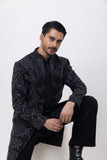 METALLIC MIDNIGHT INDOWESTERN OPEN JACKET WITH KURTA AND TROUSER SET