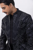 METALLIC MIDNIGHT INDOWESTERN OPEN JACKET WITH KURTA AND TROUSER SET
