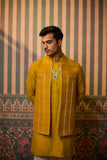 Mustard embroidered bundi kurta pant set