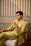 Green embroidered bundi, kurta pant set