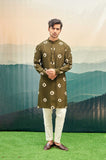 Olive Green Kurta Set with ring tie-dye motifs and red line detail