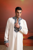 IVORY HANDWOVEN COTTON KURTA WITH INDIGO EMBROIDERY WITH IVORY PANTS