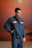 INDIGO PRINTED DENIM JACKET WITH LEATHER FLAPS