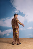 BROWN GEOMETRIC PRINT COORD SET WITH ATTACHED SCARF