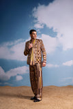 BROWN GEOMETRIC PRINT COORD SET WITH ATTACHED SCARF