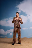 BROWN GEOMETRIC PRINT COORD SET WITH ATTACHED SCARF