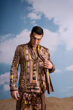 BROWN GEOMETRIC PRINT COORD SET WITH ATTACHED SCARF