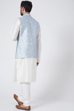 Powder Blue Printed Kurta Set With Bundi Jacket
