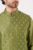 Olive Green Dupion Silk Kurta Set With Bundi Jacket