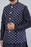 Royal Blue Zari Embroidered Bundi Jacket With Kurta Set