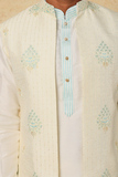 Cream and turquoise emb. Kurta-jacket set