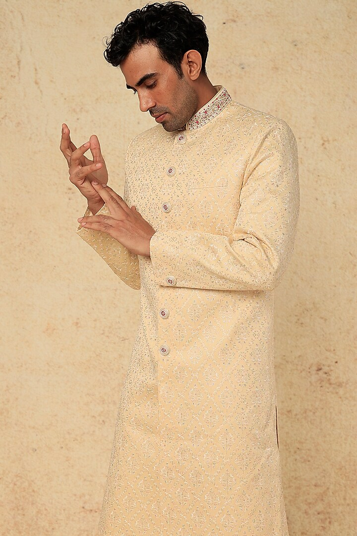 BEIGE EMB. SHERWANI SET