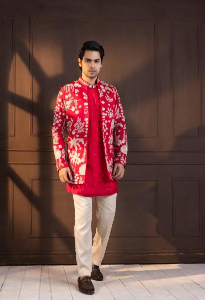 CRIMSON PALM GROVE EMBROIDERED NEHRU AND KURTA SET