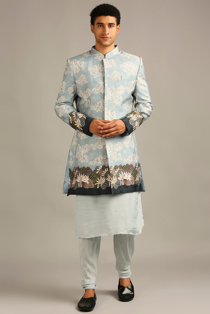 Cloud printed longline jacket with kurta set
