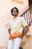 Yellow Embroidered Cuban Collar Shirt Camel