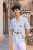Light Blue Embroidered Cuban Collar Shirt Giraffe