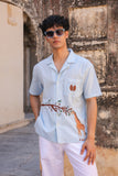 Light Blue Embroidered Cuban Collar Shirt Giraffe