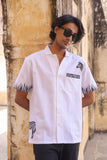 White Embroidered Cuban Collar Shirt Zebra