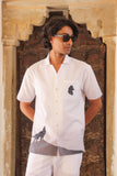 White Embroidered Cuban Collar Shirt Wolf